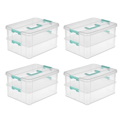 Sterilite Divided Case, Stackable Plastic Small Storage Container with  Latch Lid, Organize Crafts, Small Hardware Items, Clear with Blue Trays,  6-Pack