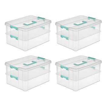 Sterilite Stack and Carry 2 Layer Handle Box, Stackable Plastic Small Storage Container with Latching Lid, Bin to Organize Crafts, Clear, 4-Pack