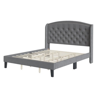 homfan Bed Frame with Wingback Headboard, Upholstered Velvet Platform Bed with Rivets Button Tufted Design, No Box Spring Needed, Easy Assembly