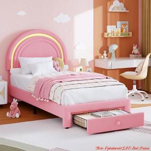 Twin Upholstered Bed Frame - w/ Storage Drawer and Rainbow Headboard, Berber Fleece Princess Platform Bed for Kids - 1 of 4