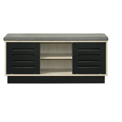 VYNXARI 38.5"W Oak Finish Shoe Cabinet with Sliding Doors, Upholstered Top,Storage Cabinets with doors and shelves
