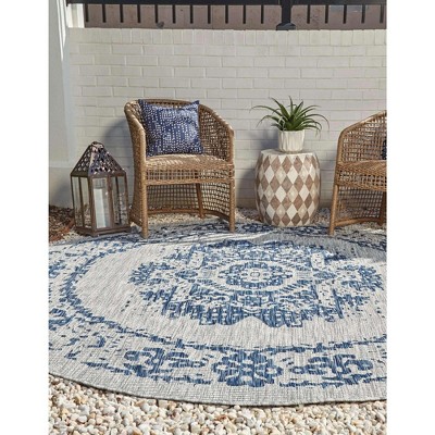 Azure Blue Round Stain-Resistant Outdoor Area Rug