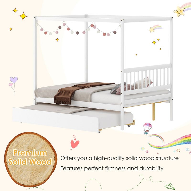 Tangkula Full Size Canopy Bed with Trundle Wooden Platform Bed Frame Headboard, 5 of 11