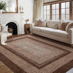 9x12 Rugs Large Washable Braided Print Area Rug, Non-Slip Rustic Carpet with Border, Stain Resistant Indoor Accent Rug (Brown) - 1 of 4