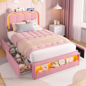 Twin Upholstered Platform Bed Frame with Storage Headboard and 4 Drawers, LED Velvet Princess Bed for Kids Girls - 1 of 4