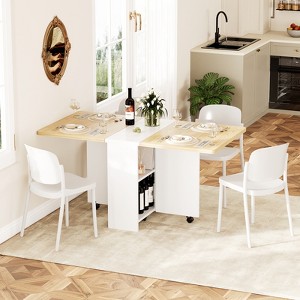 Folding Dining Table, Farmhouse Dining Table for 4 Storage Shelf, 6 Wheels Multipose Expandable Kitchen Drop Leaf Table - 1 of 4