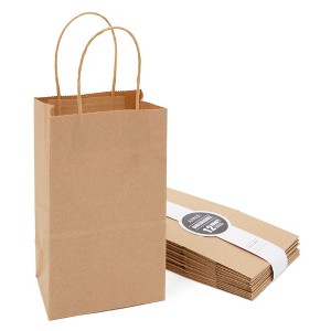 Juvale 12 Pack Small Gift Bags with Handles, 5.3 x 3 x 8.5 Inch Bulk Kraft Paper Material Brown Bags for Party Favors, Goodies - 1 of 4