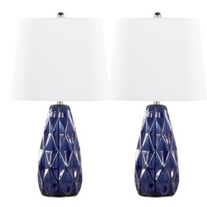 LumiSource (Set of 2) Hex 20" Contemporary Table Lamps Estate Blue Ceramic, Polished Nickel and White Linen Shade - 1 of 4