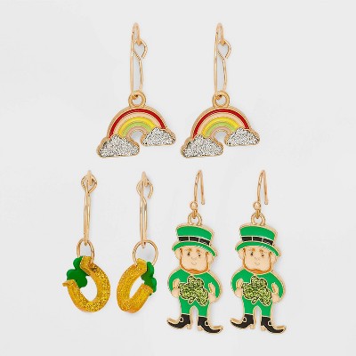 Mixed Charm and Leprechaun Hoop Earring Set 3pc - Green/Gold