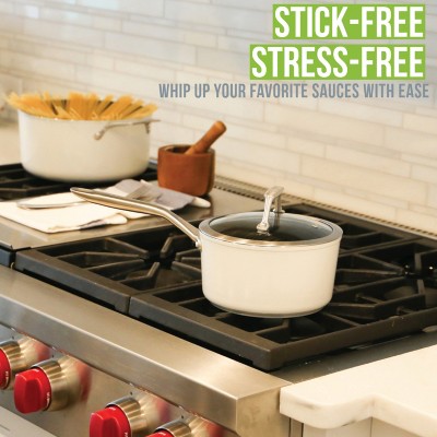Elegant 2-Quart Off-White Ceramic Nonstick Saucepan with Aluminum Handle