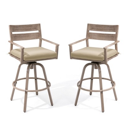 Crestlive Products Aluminum Outdoor Swivel Woodgrain Finish Bar Stools with Sunbrella Cushion Set of 2