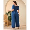 Plus Size Wide Leg Jumpsuit Women Summer Short Sleeve Smocked Waist Belt Side Pockets - 3 of 4