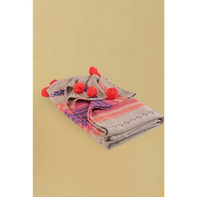 Multicolored Cotton Blend Geometric Pom Pom Throw Blanket