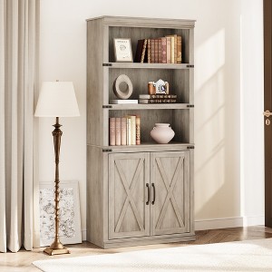 Orieon 68.7" Farmhouse Bookshelf with Doors, 5-Tier Wooden Bookcase with Storage Cabinets, Display Shelf for Living Room, Home Office, Grey - 1 of 4