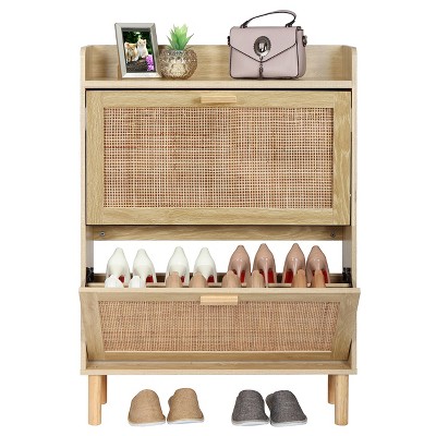 Finnhomy Extended Edition Shoe Cabinet with Natural Rattan Flip Drawers for Entryway, Free Standing 2 Tier Slim Shoe Organizer with Large Top Board