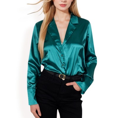 Anna-Kaci Women's Satin Button-Up Shirt with Collar and Flared Cuffs
