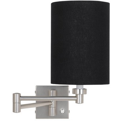 Possini Euro Design Modern Swing Arm Wall Lamp Brushed Nickel Plug-In Light Fixture Black Linen Cylinder Shade for Bedroom Bedside