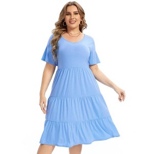 Women's Plus Size Casual Dress Lantern Sleeve Ruffle Hem V Neck Loose Swing Tunic Mini Dress (Short-SkyBlue, 4XL) - 1 of 1