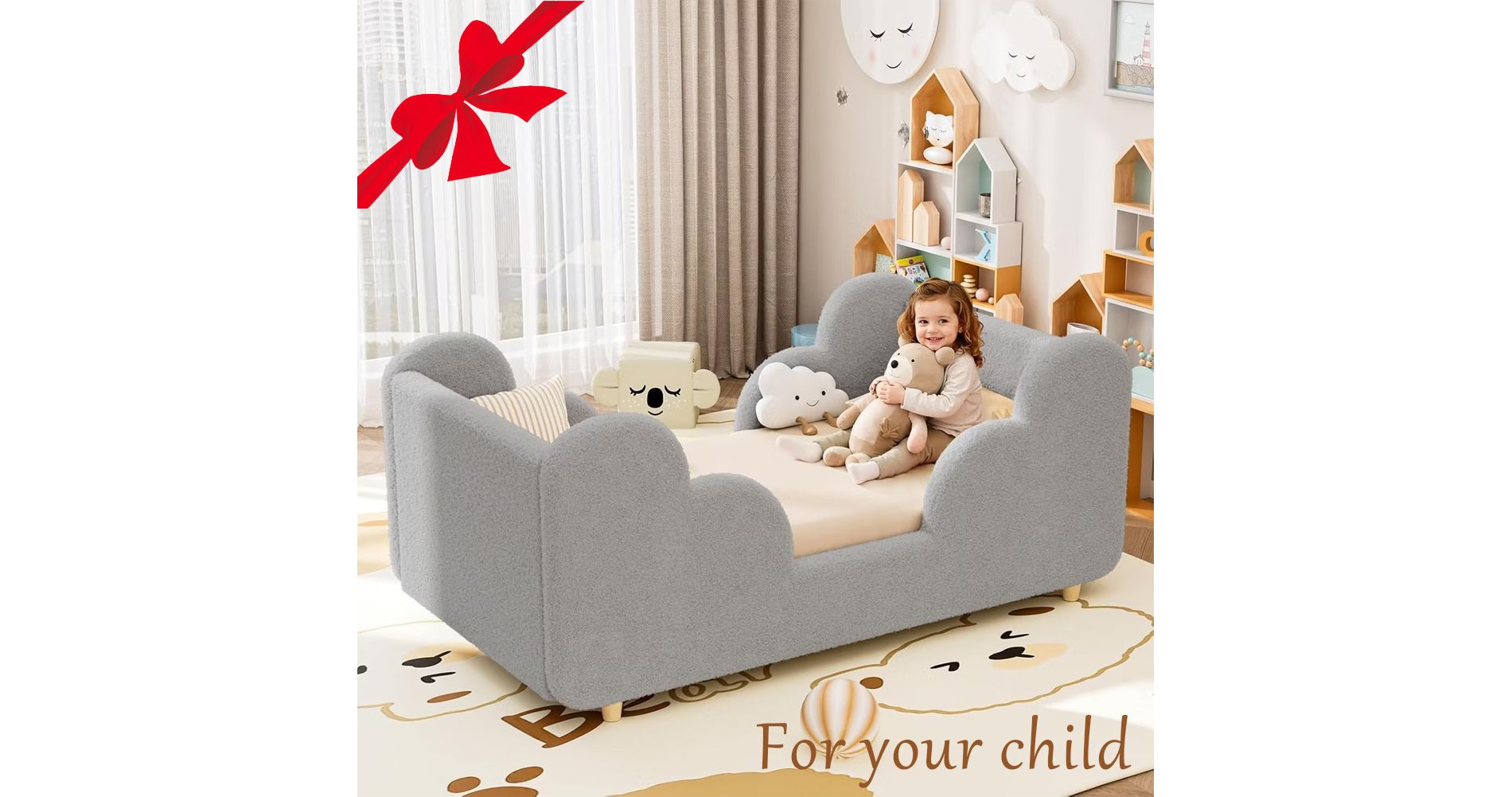 DoCred Twin Bed Frame, Boucle Upholstered Platform Bed with Wave Headboard for Girls/Kids, Easy Assembly, Wooden Slats Support