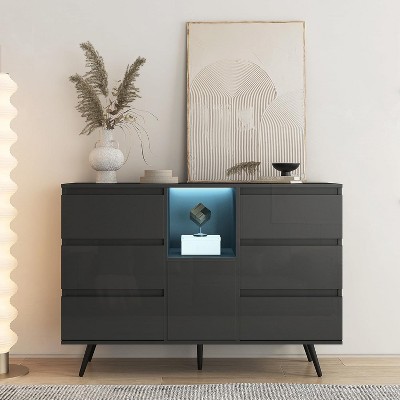 Acekool Modern Sideboard Cabinet with LED Lights, High-Gloss Storage Buffet for Kitchen, Dining & Living Room