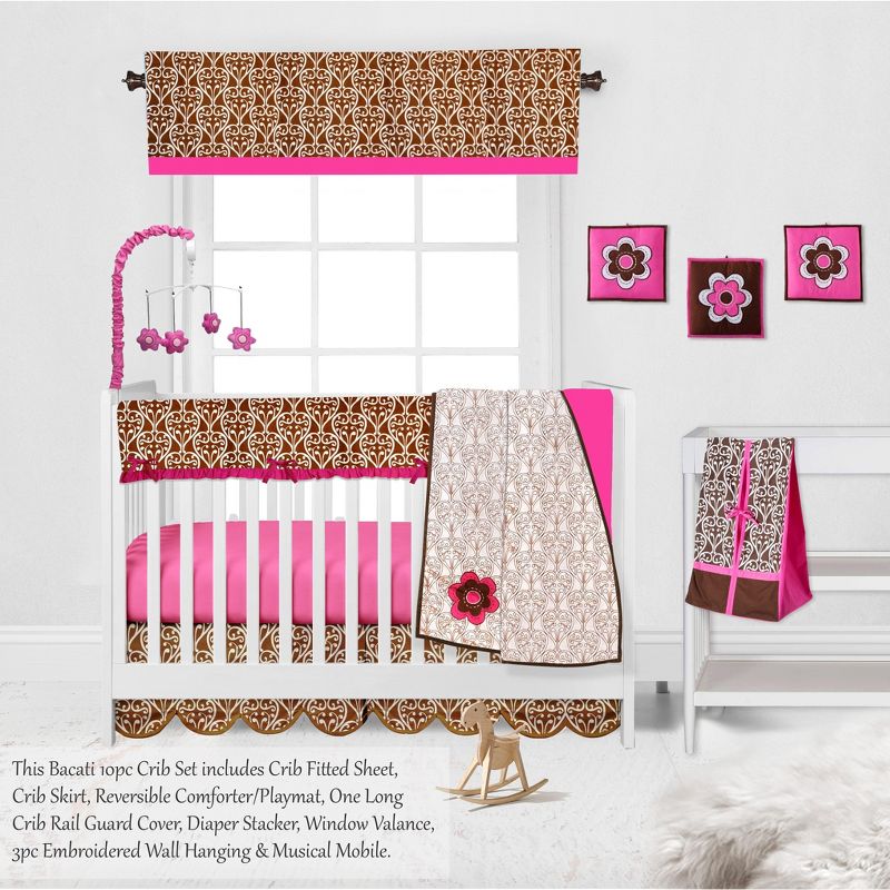 Bacati - Damask Pink Fuschia Chocolate 10 pc Crib Bedding Set with Long Rail Guard Cover, 5 of 13