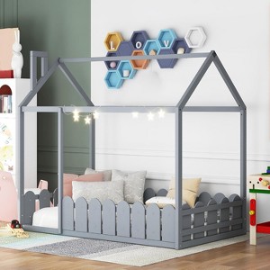 Wooden House Canopy Bed Frames with Guardrail Easy Assembly Wooden Slat Mattress House Platform Bed Floor Bed Frames for Boys Girls Bedroom Brown - 1 of 4