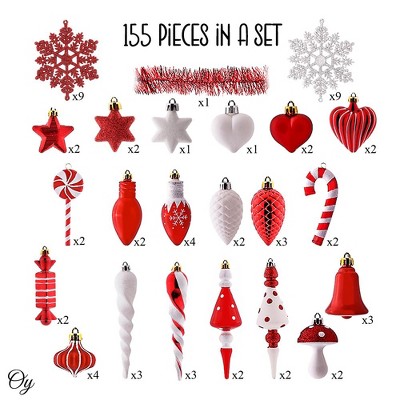 155-Piece Red and White Shatterproof Christmas Ornament Set