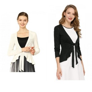 INSPIRE CHIC Women's Solid Tie Open Front Long Sleeve Knit Metallic Ruffled Crop Cardigan 2 Packs - 1 of 4