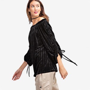 Anna-Kaci Women's Velvet Off-Shoulder Blouse with Ruched Sleeves and Tie Details - 1 of 4