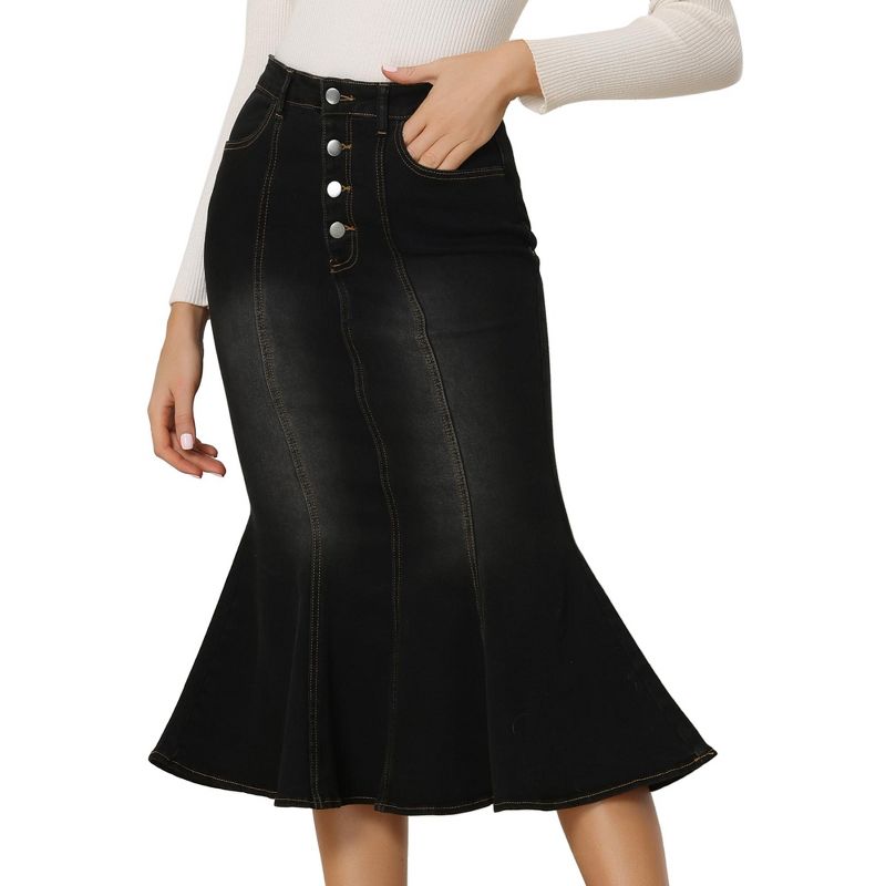 Allegra K Women's Fishtail Button Front Side Pockets Midi Denim Distressed Skirt, 1 of 6