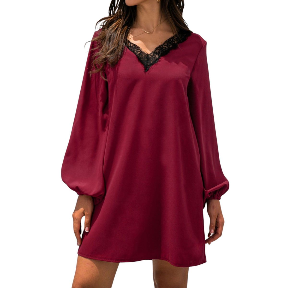 Anna-Kaci Women's Long Sleeve Mini Shift Dress with V-Neckline and Lace Trim Detail - thumbnail 9