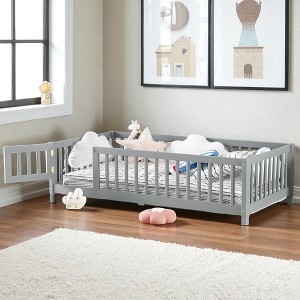 Mshliw Twin/Full/Queen Size Kids Floor Bed with Safety Guardrails and Door, Montessori Style Wooden Platform Bed Frame for Toddlers, Children Bedroom - 1 of 4