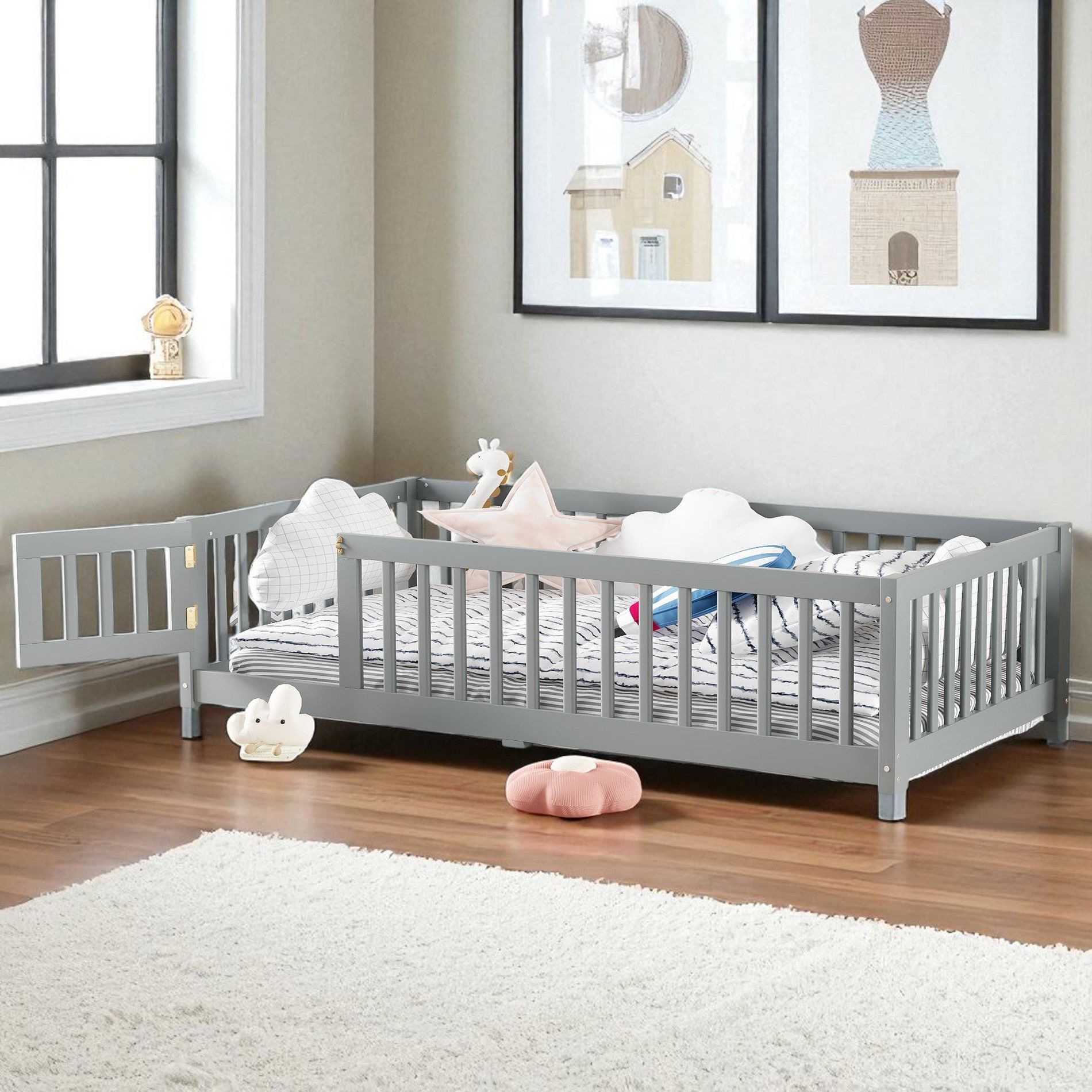 Mshliw Twin/Full/Queen Size Kids Floor Bed with Safety Guardrails and Door, Montessori Style Wooden Platform Bed Frame for Toddlers, Children Bedroom