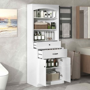MAYEERTY White Bathroom Cabinet 4 Doors Drawers Adjustable Shelf 6 Open Shelves MDF Combo - 1 of 4