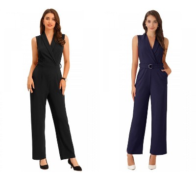 INSPIRE CHIC Women's Casual Sleeveless Shawl Collar Office Belted Cropped Jumpsuit 2 Packs