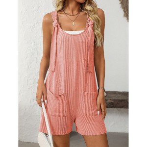 Womens Summer Casual Short Romper Scoop Neck Sleeveless Striped Overalls Shorts Jumpsuit with Pockets - 1 of 4