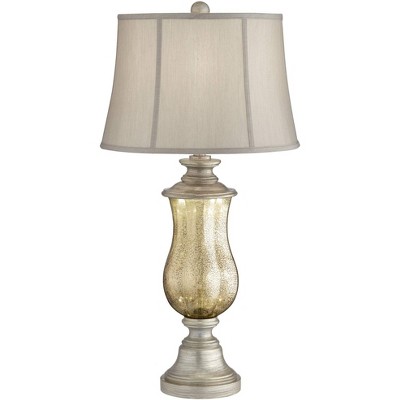 Barnes and Ivy Table Lamp with Nightlight Mercury Glass Urn Off White Fabric Bell Shade Living Room Bedroom Bedside Office Family