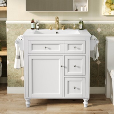 30 Inch Bathroom Vanity With Top Sink, Modern Bathroom Storage Cabinet With Two Drawers And One Flip-Out Drawer