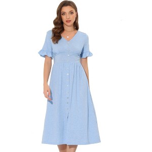 Allegra K Women's Summer V Neck Button Flutter Sleeve Smocked High Waist Midi Dress - 1 of 4