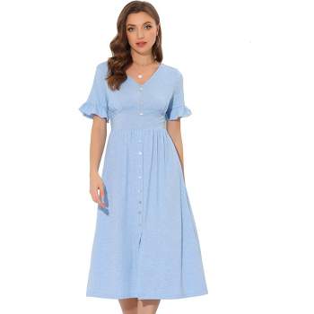 Allegra K Women's Summer V Neck Button Flutter Sleeve Smocked High Waist Midi Dress