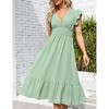Women's Summer V Neck Short Sleeve Dress High Waist A line Dress Flowy Ruffle Shirred Swing Midi Dresses - 4 of 4