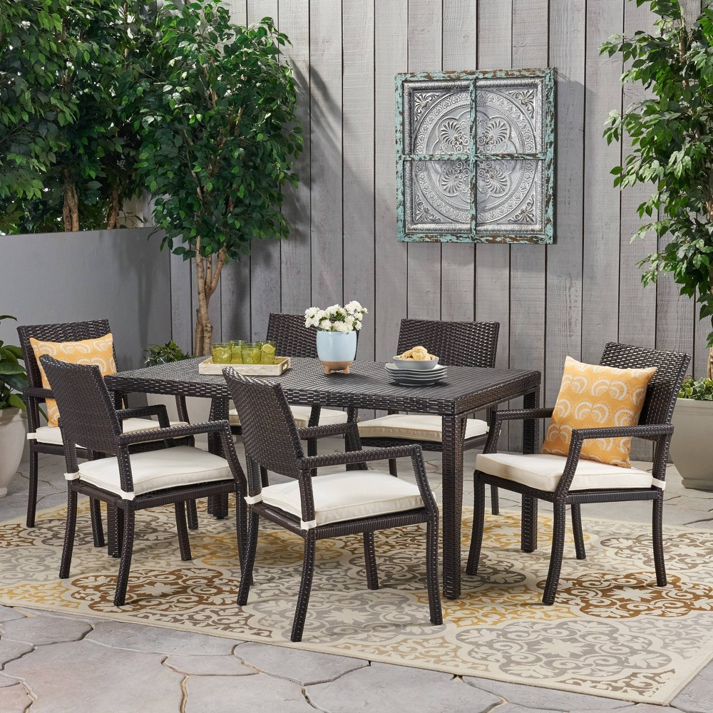 Rhode Island 7pc Rectangle All-Weather Wicker Patio Dining Set - Brown - Christopher Knight Home