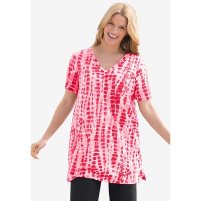Woman Within Women's Plus Size V-Neck Tie-Dye Tunic - L, Vivid Red Tie-Dye