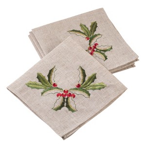 Saro Lifestyle Embroidered Holly Design Holiday Christmas Linen Blend Napkin (Set of 4), 20"x20", Beige - 1 of 2