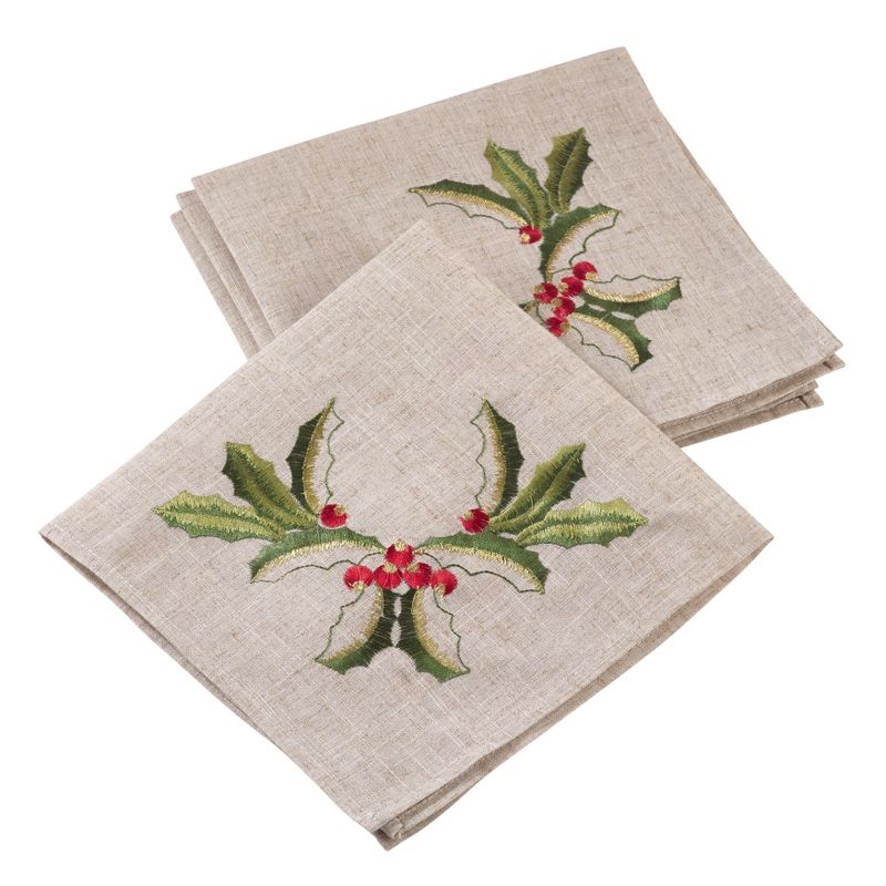 Saro Lifestyle Embroidered Holly Design Holiday Christmas Linen Blend Napkin (Set of 4), 20"x20", Beige, 1 of 3