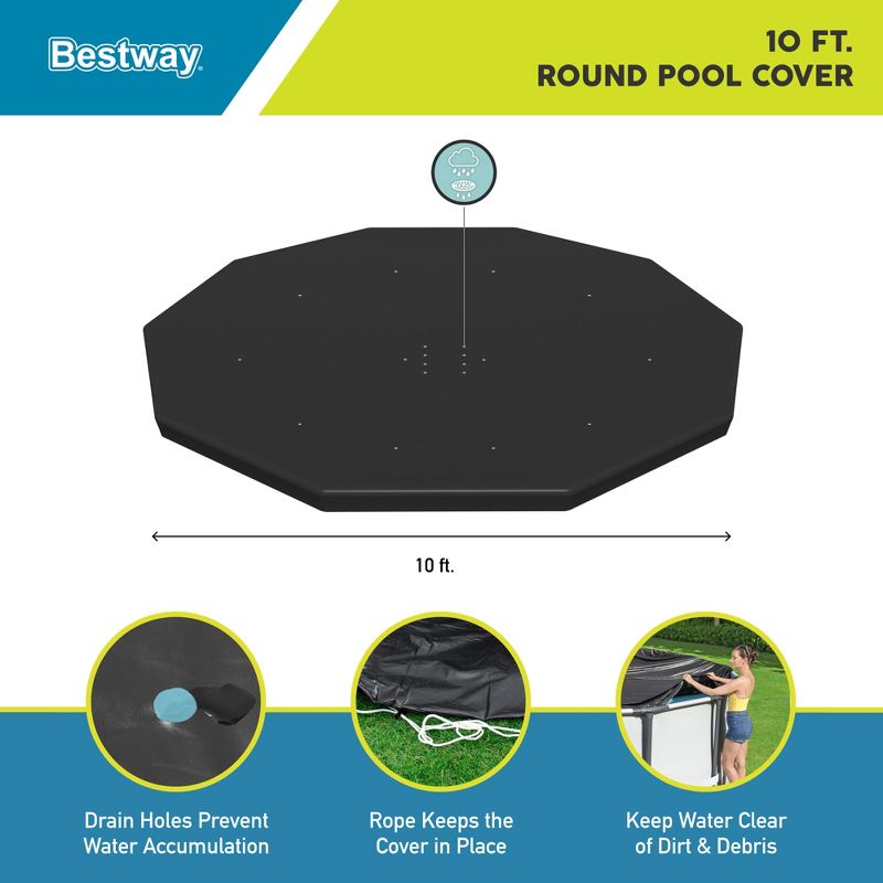 Bestway Flowclear PVC Round 10 Foot Pool Cover for Above Ground Frame Pools with Drain Holes and Secure Tie-Down Ropes, Black (Cover Only), 4 of 11
