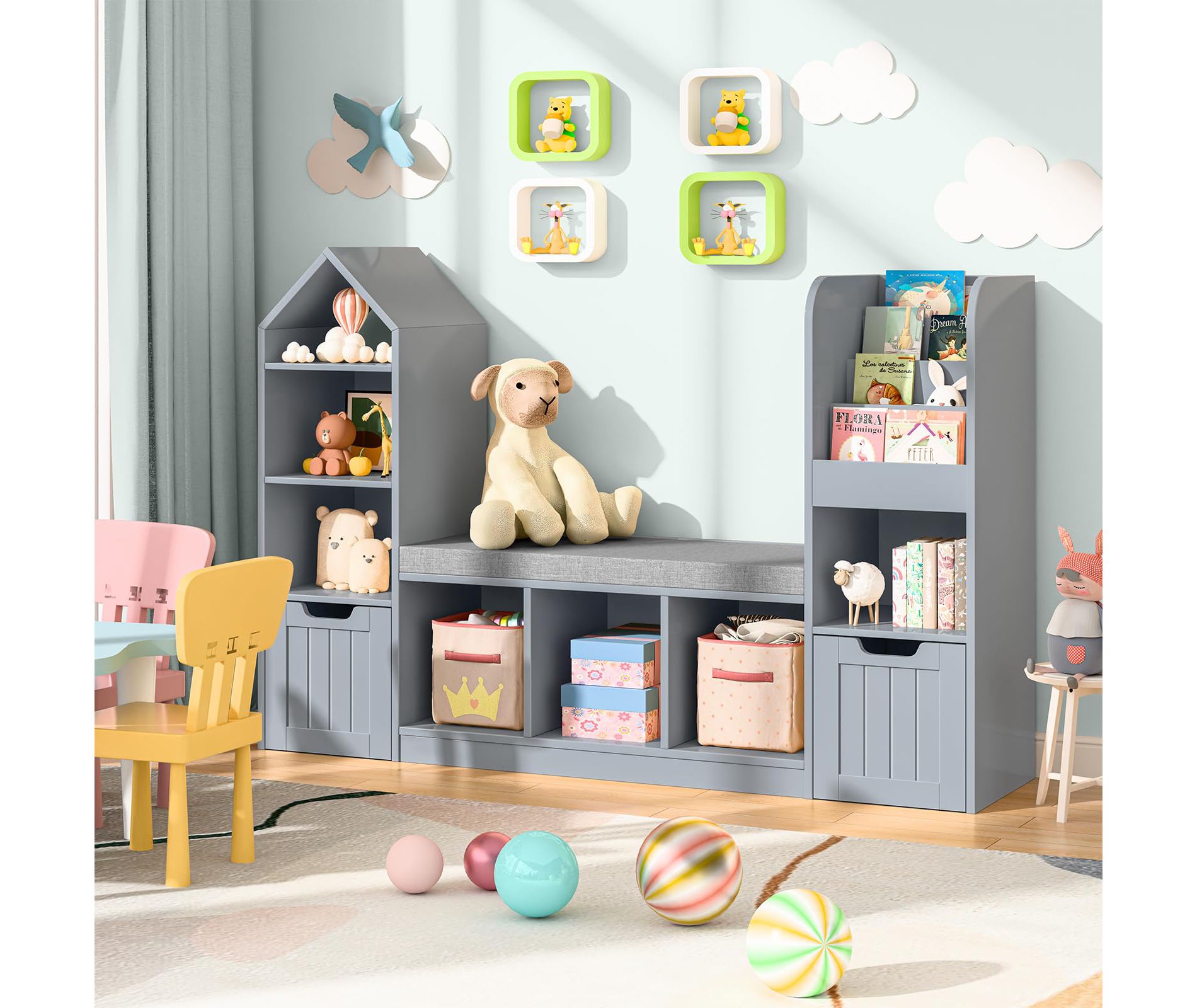 Kids Bookshelf with Seat Cushion & Movable Drawers, Multi-Purpose Toy Storage Bookcase