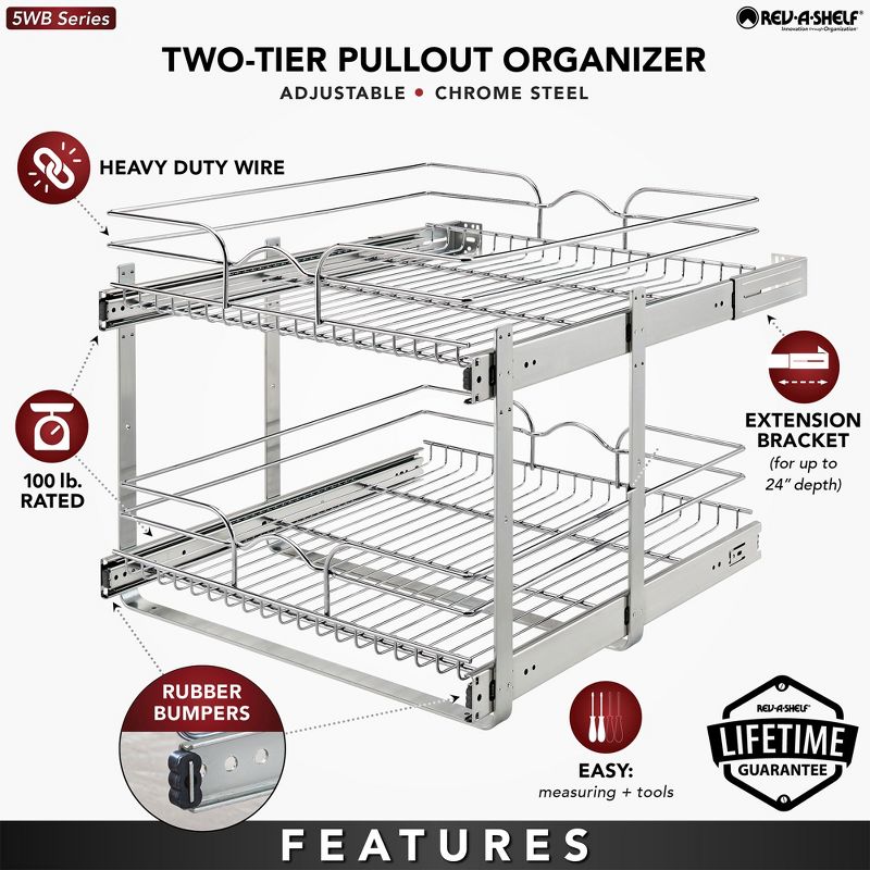 Rev-A-Shelf 5WB2 2-Tier Wire Basket Pull Out Shelf Storage for Kitchen Base Cabinet Organization, Chrome, 4 of 8