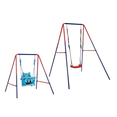 DSVIMOY 2-in-1 Baby Swing Swing Set, Outdoor Playground for Age 3+, Blue&Red, 66.93"*61.03"*67.72"