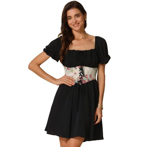 Женские платья INSPIRE CHIC Women's Corset Mini Square Neck Short Sleeve Patchwork Smocked Dress Black Medium